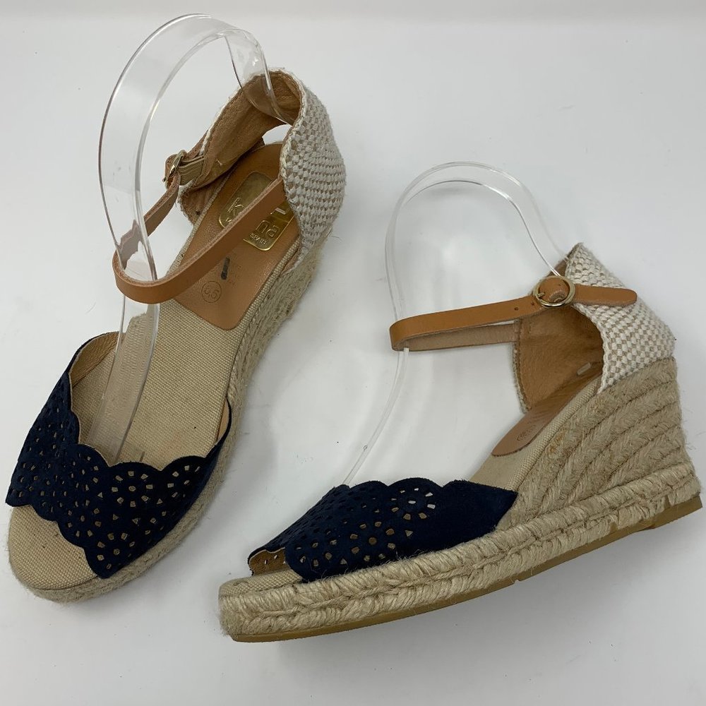 Kanna Wedges Tan Navy With Strap Size 6.5